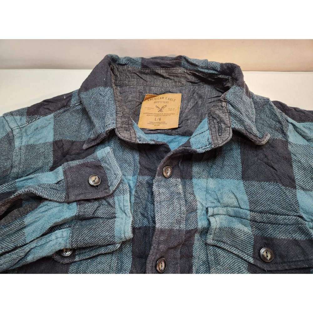 American Eagle Mens Long Sleeve Plaid Flannel Shirt Blue Classic Fit Large‎